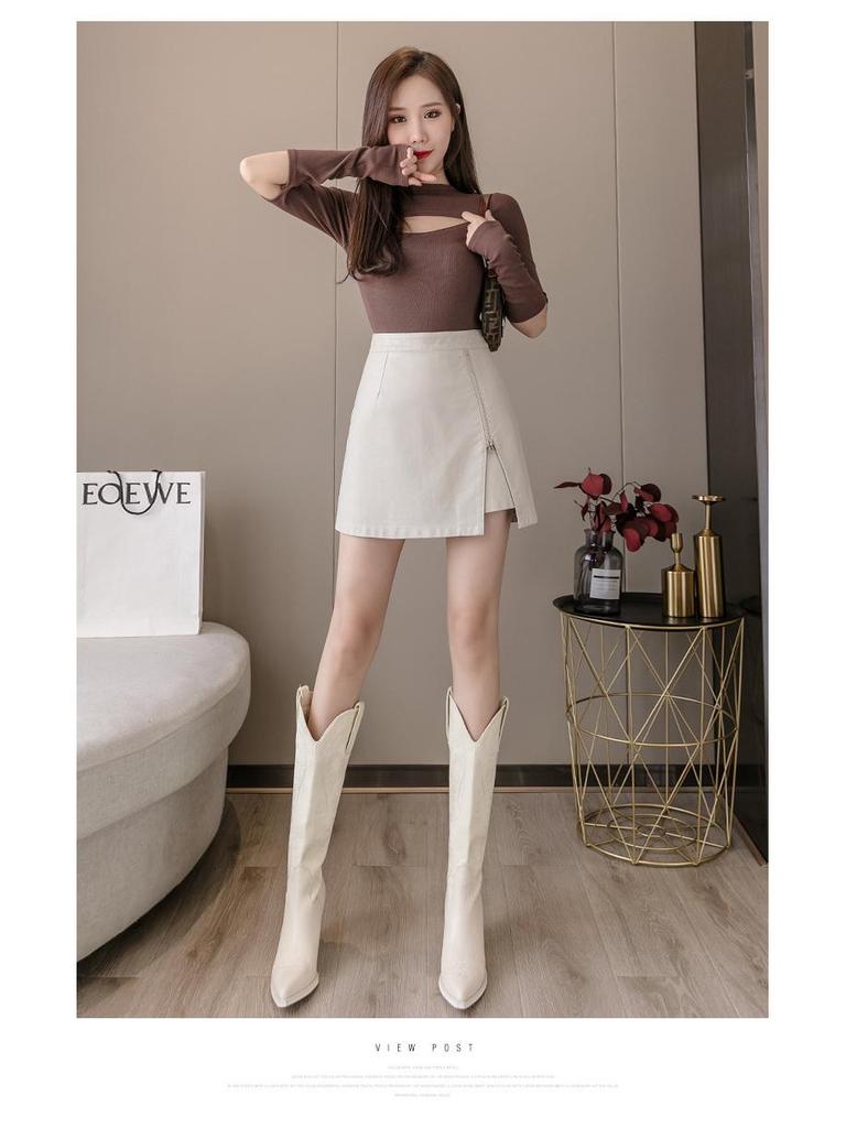 Autumn & Winter 2023 Black High Waist A-Line PU Leather Skirt with Slit