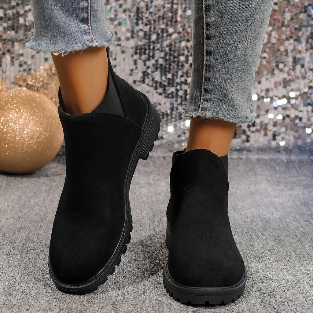 Women's Casual Fashion Round Toe Chunky Heel Suede Ankle Boots With V-cut, 7cm Heels For Work And Anti-slip Outfits