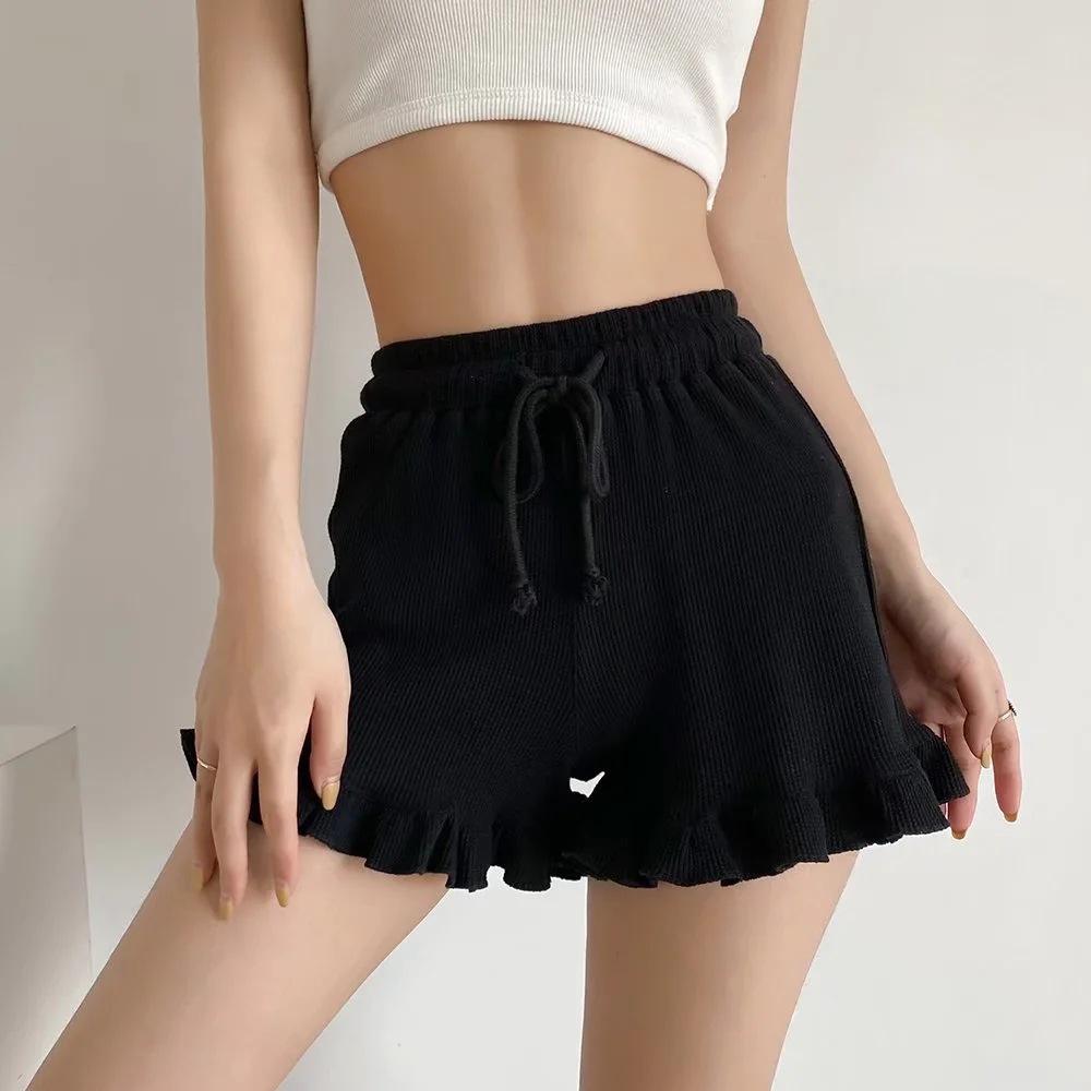 Women's Waffle Knit Ruffle Shorts High Waist Drawstring Casual Summer Lounge Shorts
