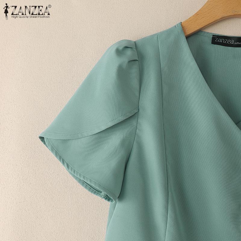 ZANZEA Women Casual V-Neck Solid Color Short Sleeve Blouse