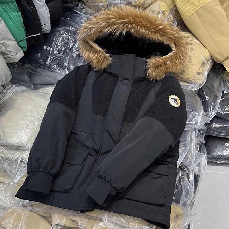 New Big Fur Collar Down Jacket Women's Medium and Long Loose Thickened Hooded Tooling Pie To Overcome Couple's Coat