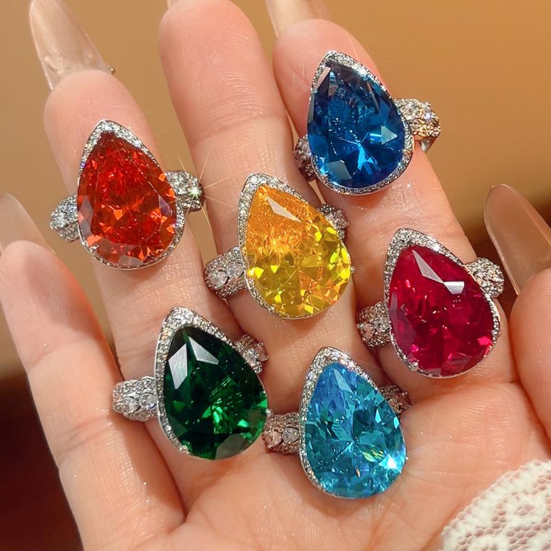 Manufacturer's Copper Rings Women's Jewelry Zircon Water Droplet Shape Chinese Red Sea Blue Yellow Luxury Fashion High-end Sense