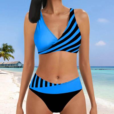 Damen-Bikini-Tankini-Badeanzug mit Neckholder in Schwarz und Orange mit Streifenmuster