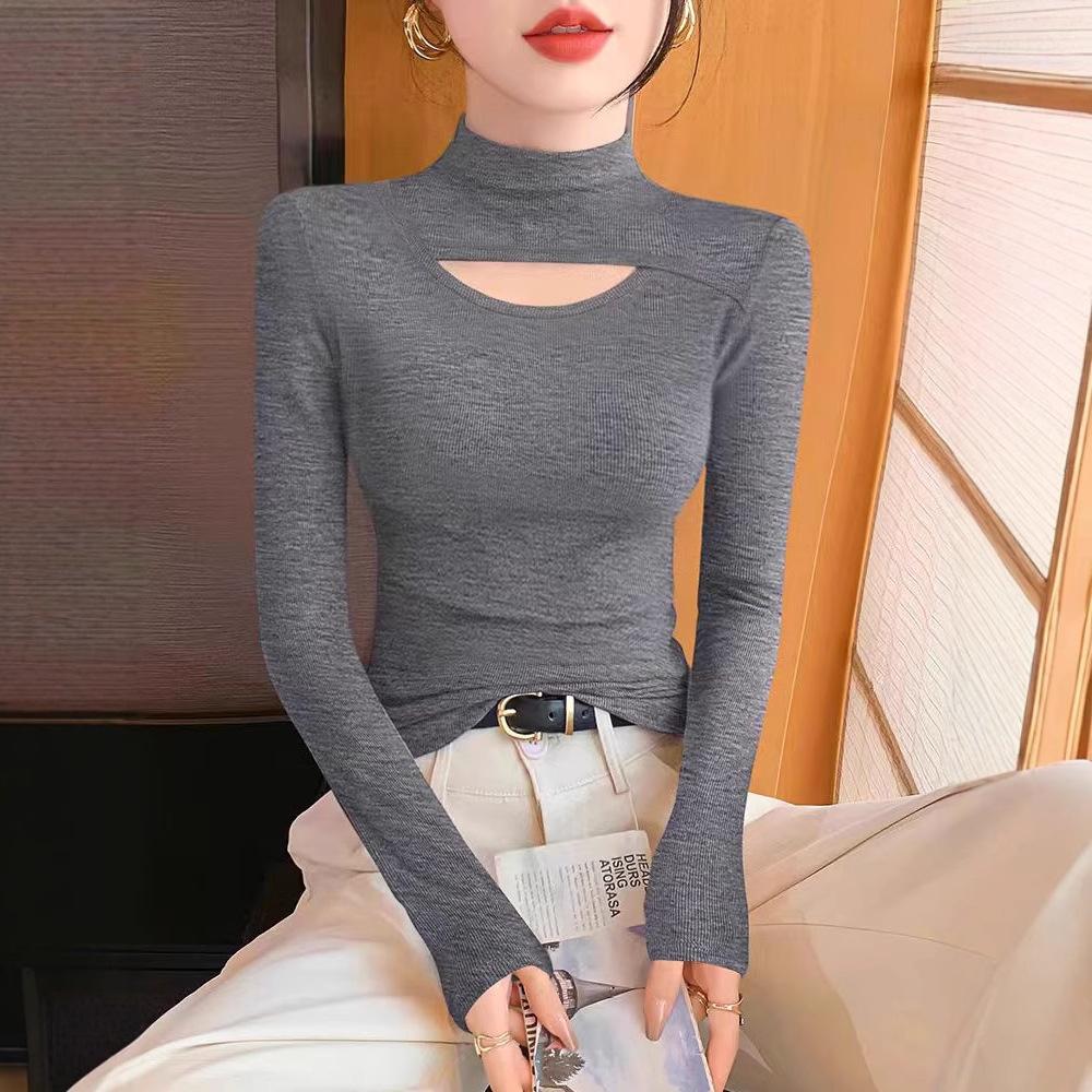 Black semi-turtleneck hollow t-shirt bottoming shirt women's autumn and winter design sense temperament slim and thin versatile long-sleeved top