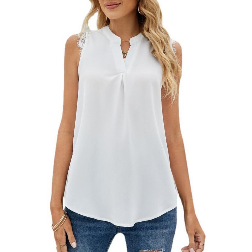 Spring Summer Women's Solid Color Shirt Loose V-neck Sleeveless Lace Trim Blouse, European American Style Casual Top