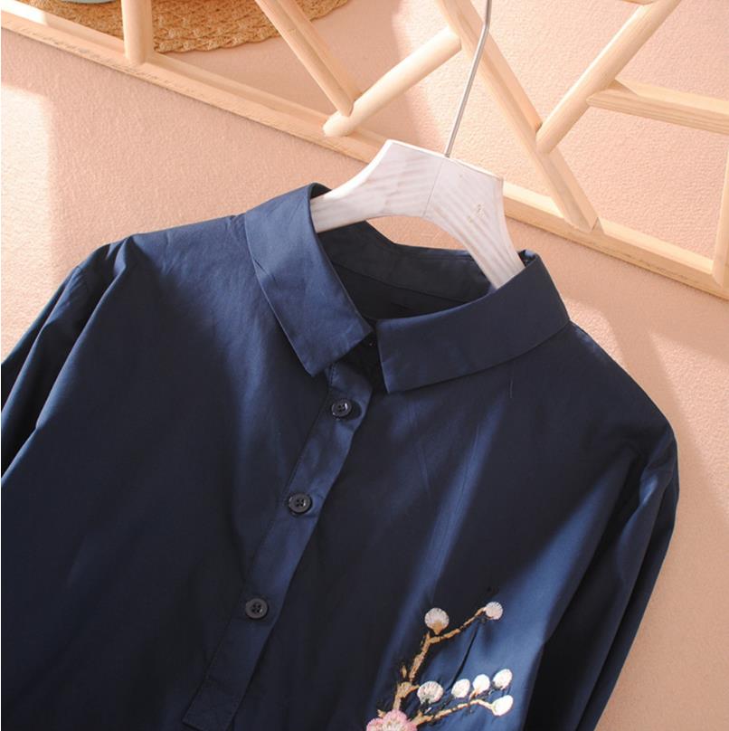 Embroidered Flower Ethnic Style Mid-length Pullover POLO Collar Shirt for Women Spring and Autumn Three-quarter Sleeve Shirt