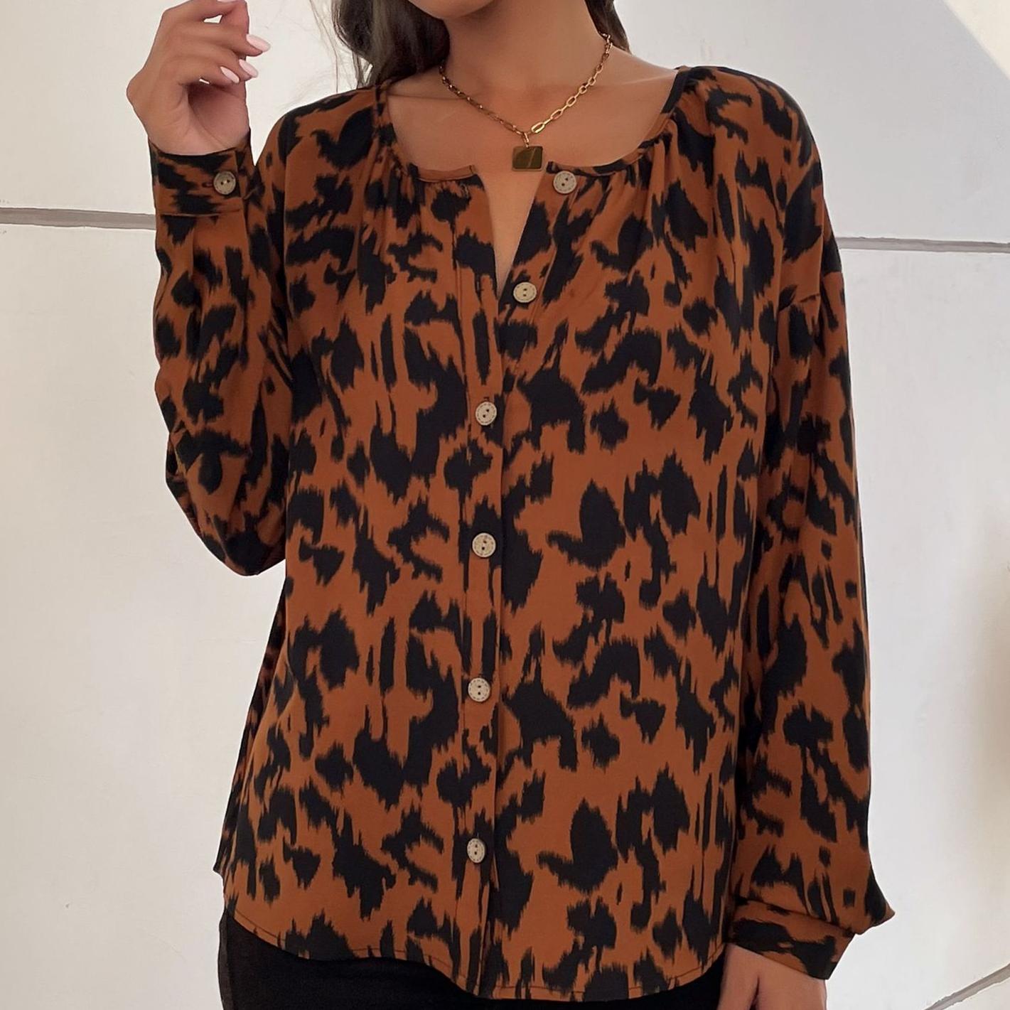 

YYFS женские модные повседневные блузки и рубашки с v-образным вырезом и длинными рукавами с леопардовым принтом S