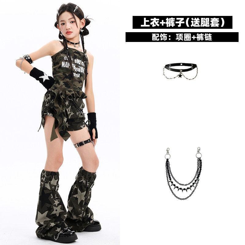 Girls Jazz Dance Outfit Camo Cami Shorts Set Kids Stage Performance Wear