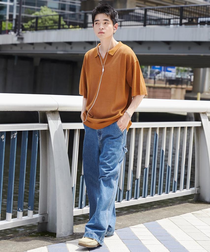 WEGO Mesh Polo Knit Summer Loose Korean Size Mustard Men's Pullover, Top, Fit, Casual, Gift, Style, Layered, Spring, Summer, Autumn, M,