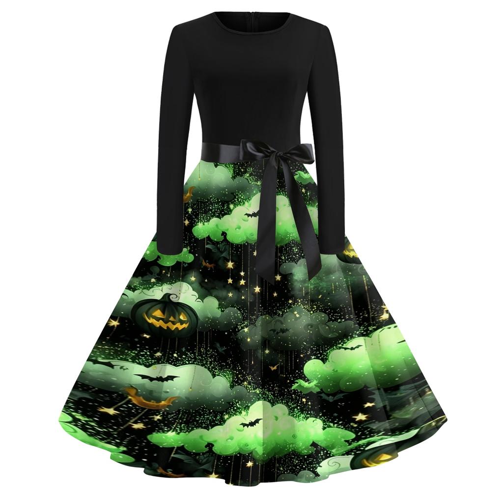 Women's Casual Halloween Print Long Sleeve Round Neck Vintage Style Dress with Waist Tie Belt Comfortable Fit