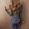 Women's Fashionable Solid Color Long Sleeved Button Casual Base Shirt Pullover T-shirt Top