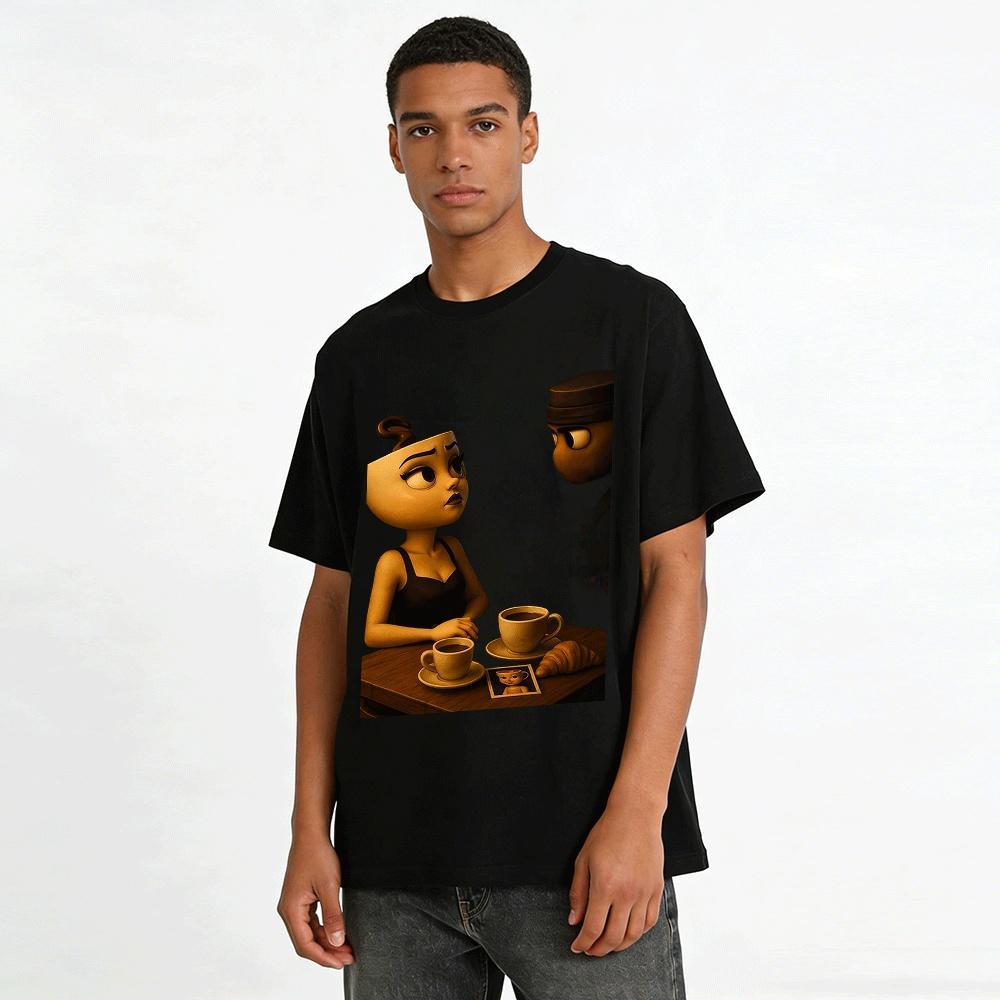 Animated Coffee Cup Couple Print T-shirt Casual Food Culture Top Pure cotton T-shirt