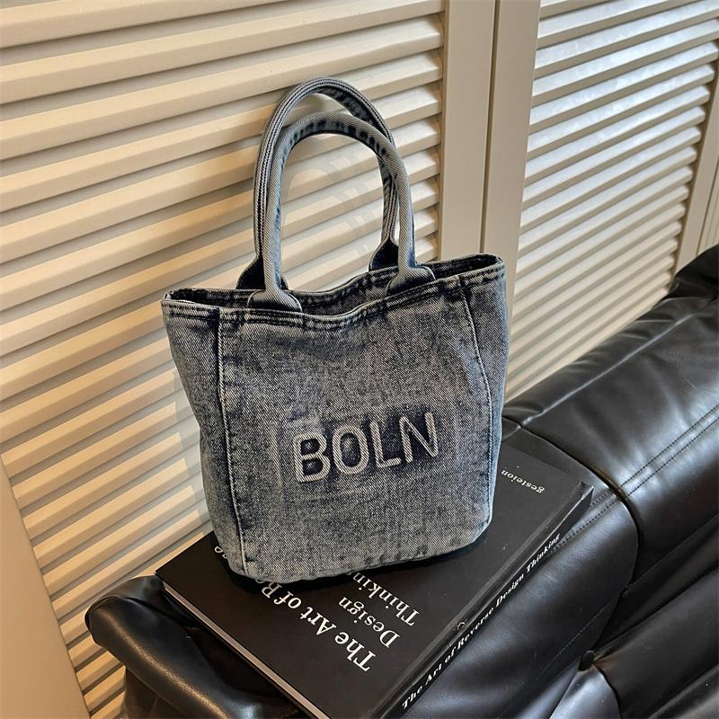 Mini Borsa Tote in Denim Lavato con Design a Lettere Ricamate Manico Superiore Borsa a Mano Piccola Casual per Donne Quotidiana
