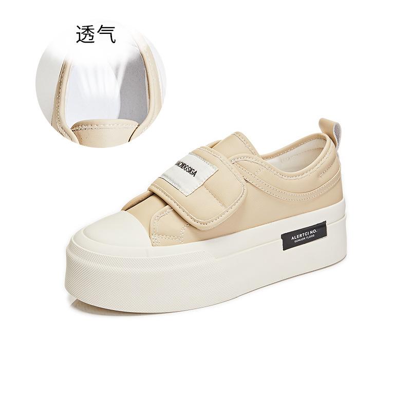 Leder Brotschuhe 2025 Frühling neue dicksohlige weiße Schuhe Klettverschluss Nische Freizeitschuhe flachsohlige vielseitige Damenschuhe