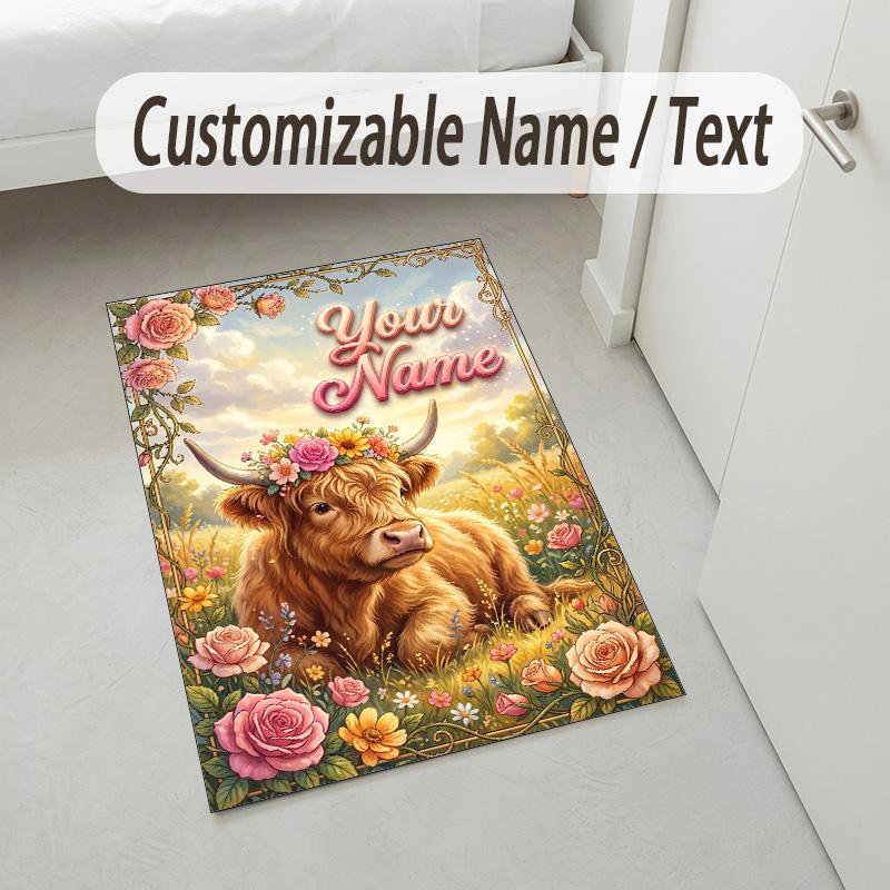 Cow Highland Theme Crystal Velvet Rug Personalized Custom Name Text Soft Floor Mat Home Decor