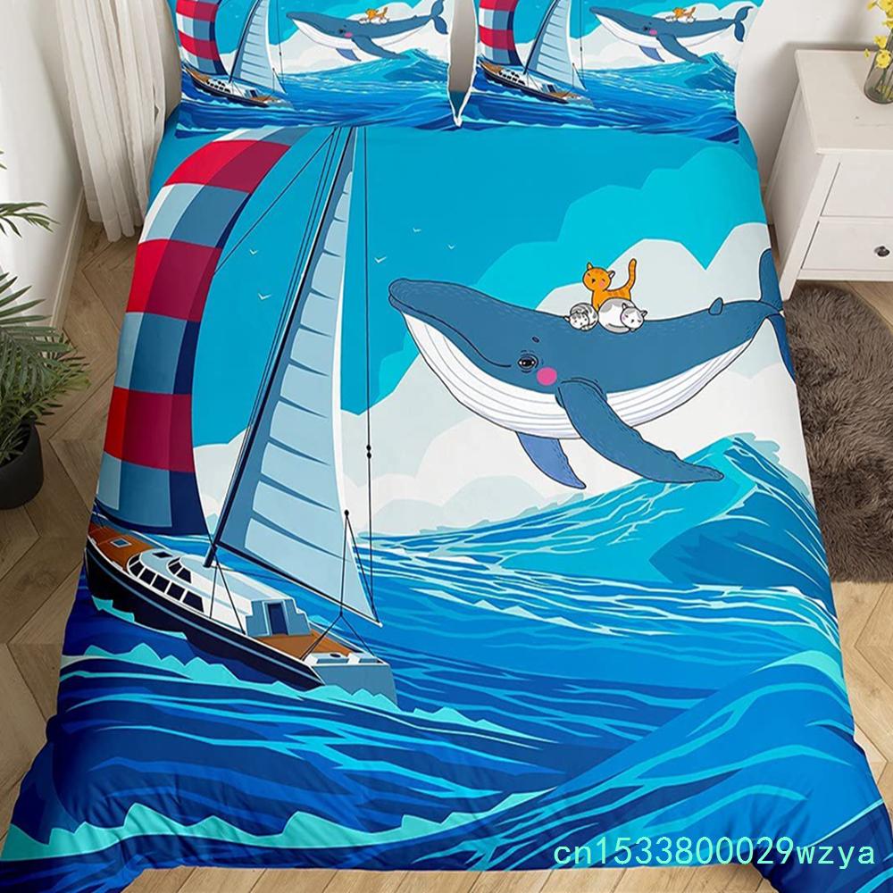 Katze Bettbezug Set Aquarell Wal Fischen Bettwäsche Set Ozean Meereswelle Bettdeckenbezug Marine Nautisch Themen Tagesdecke Bezug