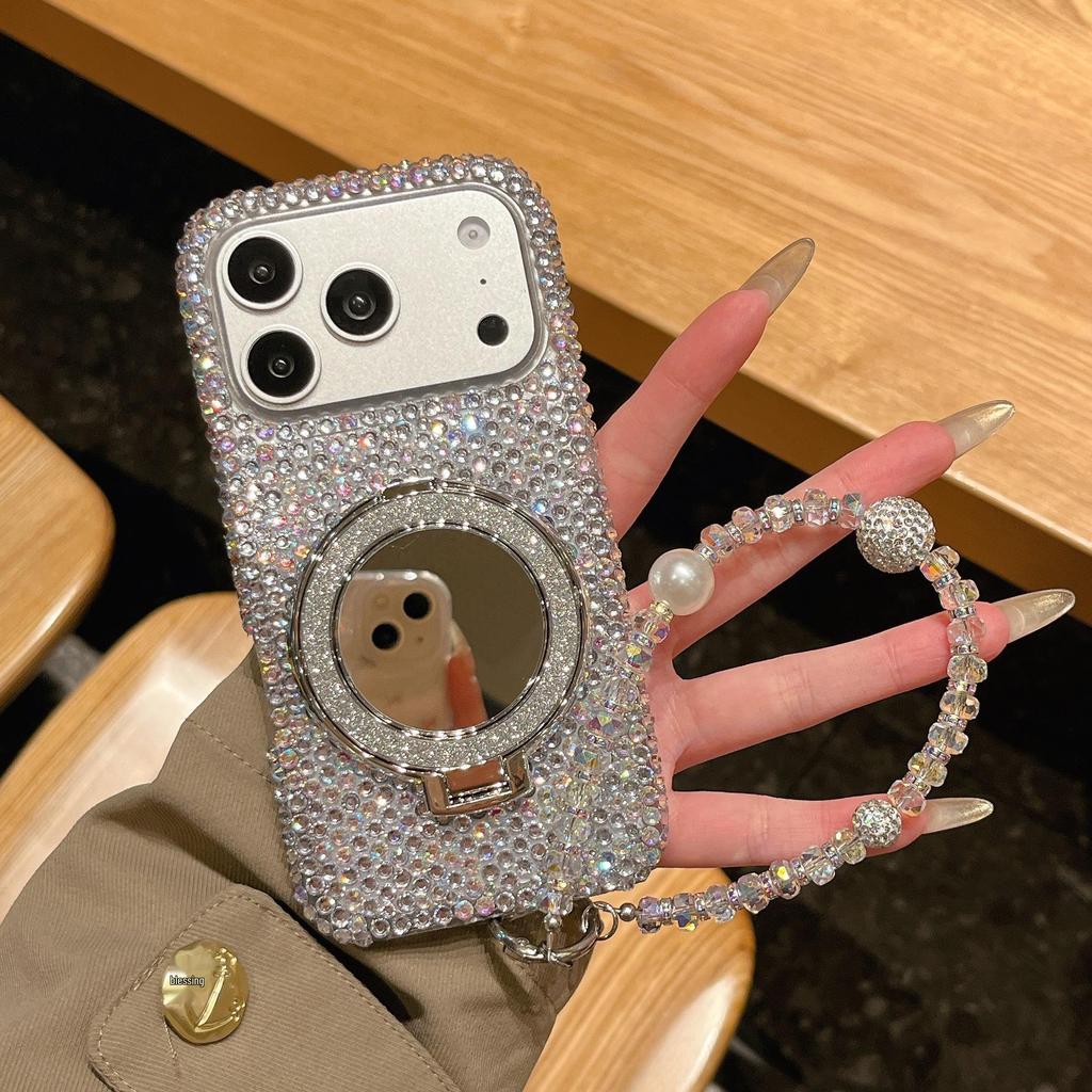 Luxury Full Diamond iPhone 13/14/15 Pro Max Mirror Stand Case with Lanyard