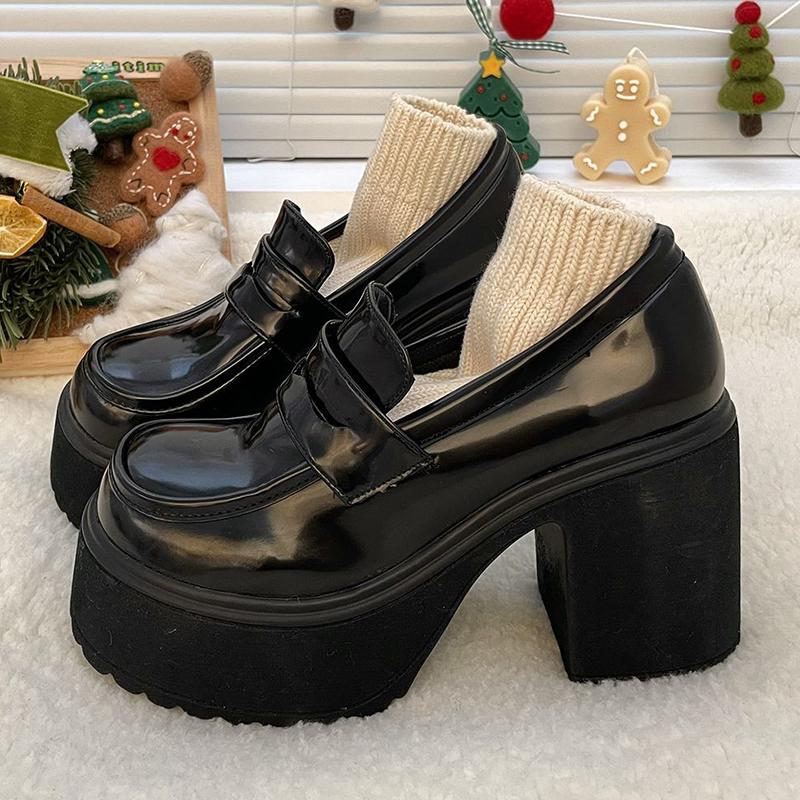 Fashion Gothic Chunky High Heels Pumps for Women 2024 Spring Patent Leather Platform Loafers Woman Black Thick Heeled Jk Lolita Shoes