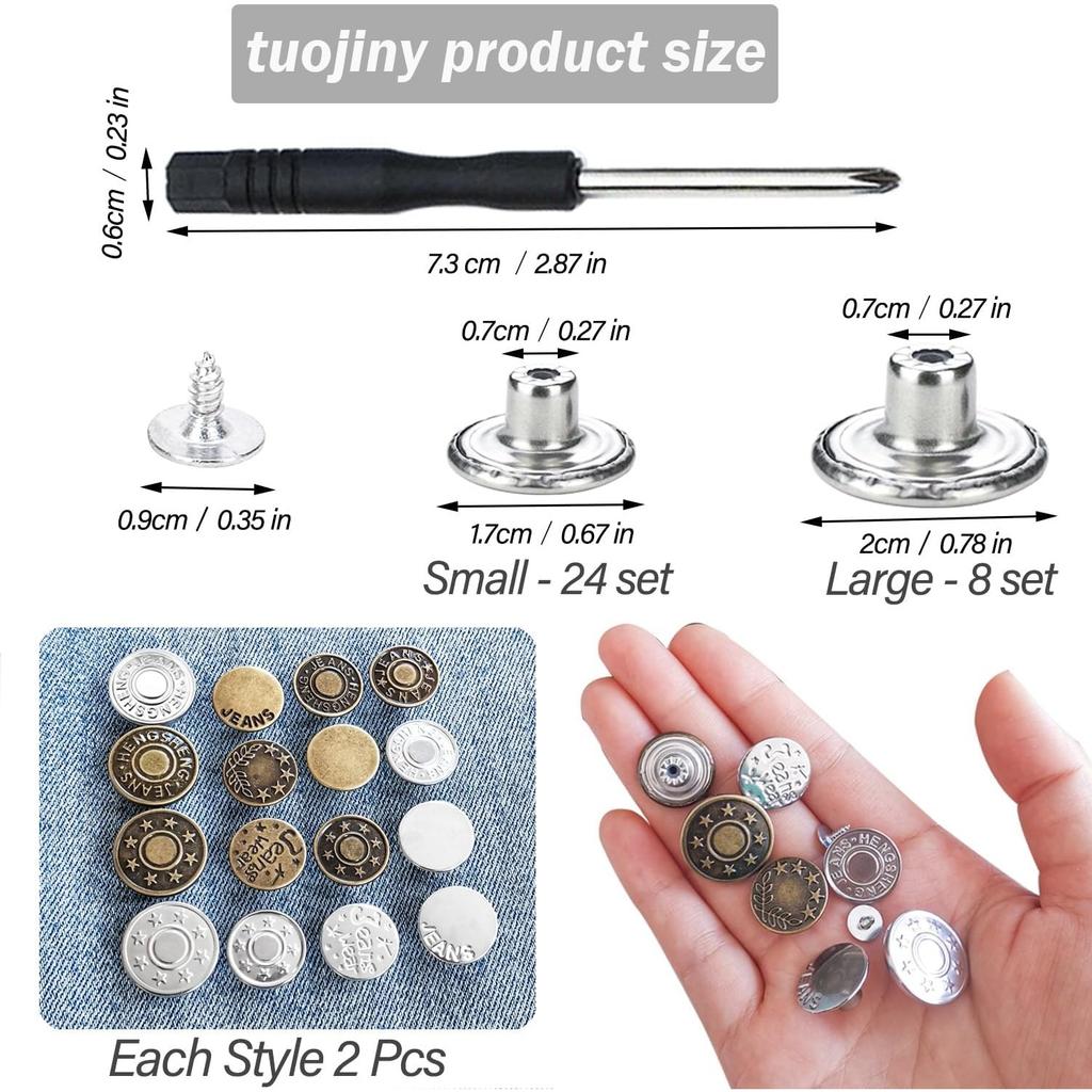 32 Sets Jeans Buttons Replacement, 17 Mm and 20 Mm No-Sew Removable Metal Buttons Replacement Repair Combo Thread Rivets