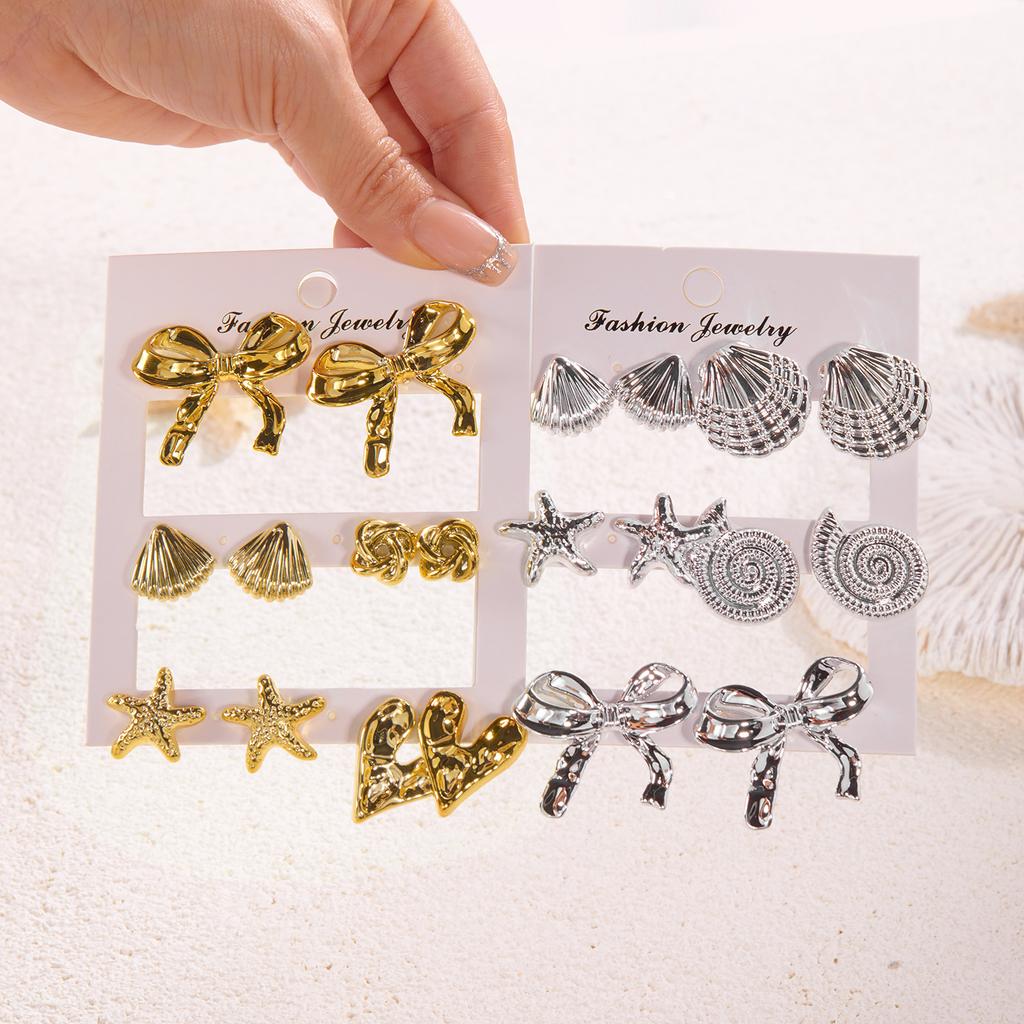 Gold Color Starfish Shell Combination Stud Earrings Set for Women Metal Scallops Conch Bow Knot Earring Boho Party Jewelry