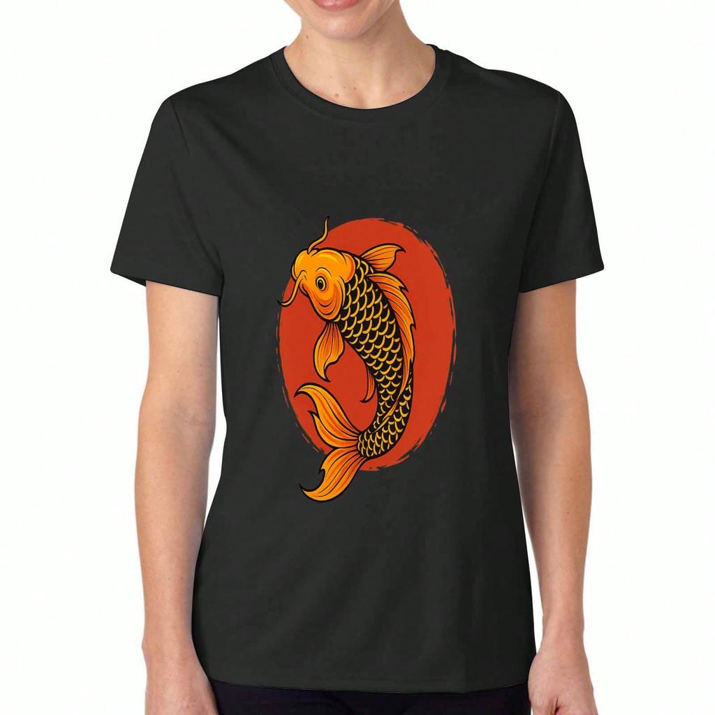 Koi Fish Ladies' Cotton T Shirt, Premium Cotton Quality Print, Durable And Longlasting, Casual And Fashionable. Japanese Carp Fish Art Design, Unique