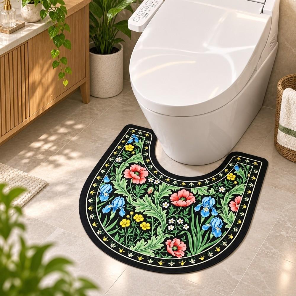 Floral Pattern Toilet U-shaped Mat Non-slip Bath Mat Retro Bathroom Floor Rug Household