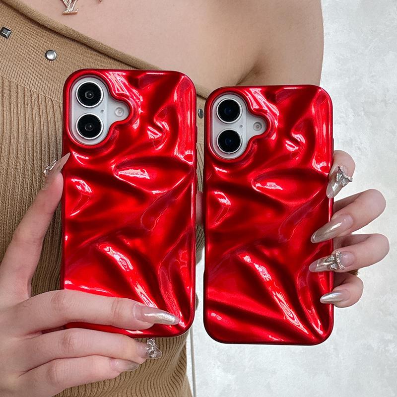 Red Glossy Irregular Wrinkle Phone Case For iPhone 16 Pro Max 17 Air 15 13 12 11 14 Plus Soft Silicone Protective Back Cover