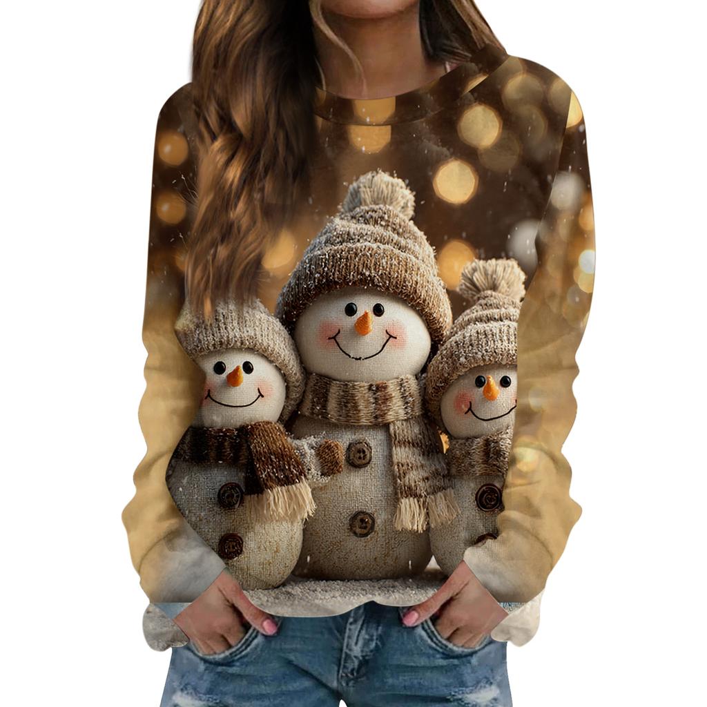 Women's Fashionable Casual Long-sleeved Retro Christmas Snowman Print Round Neck Top