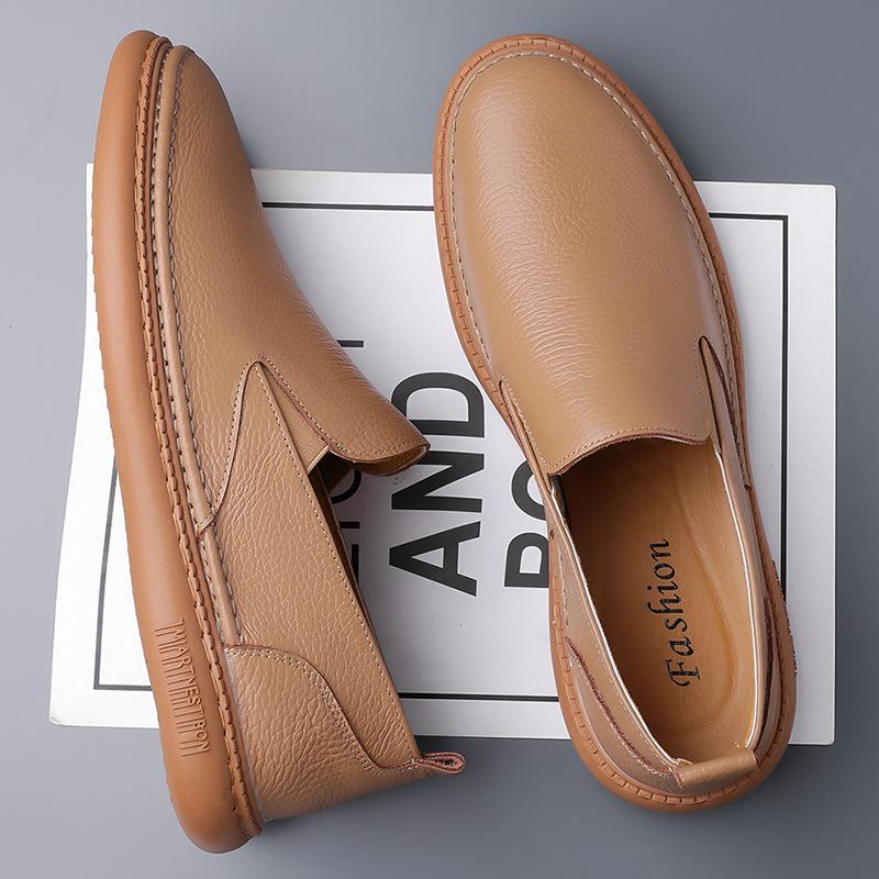 The First Layer of Cowhide Summer Men's Genuine Leather Shoes, One Pedal, White Shoes, Soft Soles, Soft Surfaces, Casual Fashion Doudou Shoes