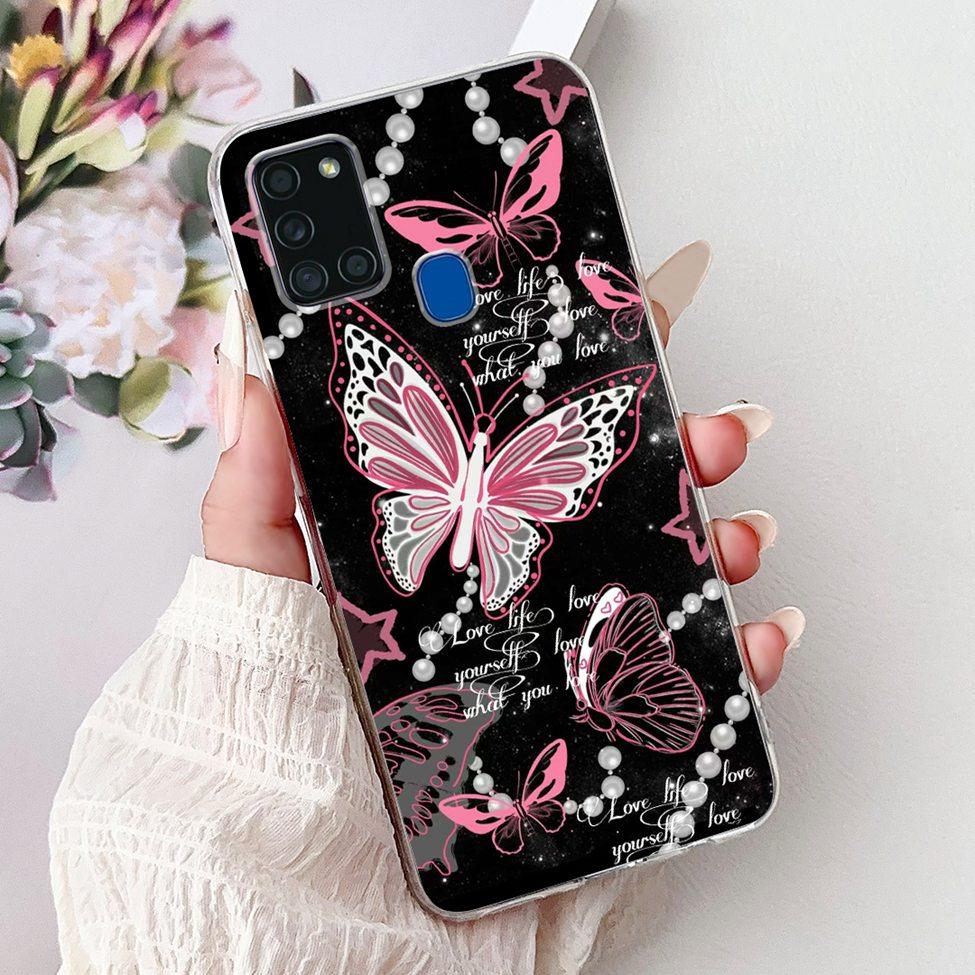 Clear For Samsung A21s SM-A217F SM-A217M Cover For Samsung Galaxy A21s Case Cute Luxury Butterfly Love Flowers Cool Painted