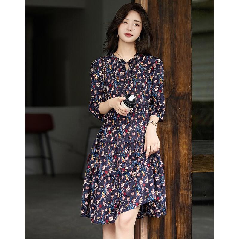 Demana Timeless Bloom 100% Silk Floral Tie-Neck A-Line Dress