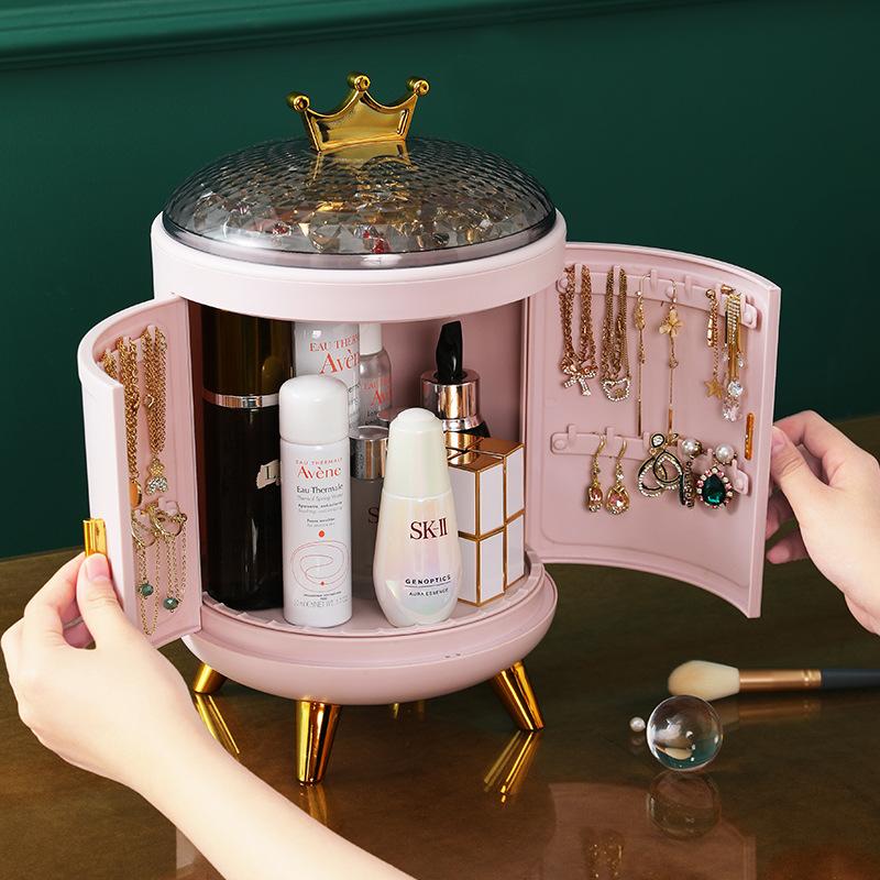 Crown Luxury Cosmetics Organizer Makeup Storage Box Desktop Rotating Jewelry Ring Display Box Storage Shelf Dustproof Makeup Box