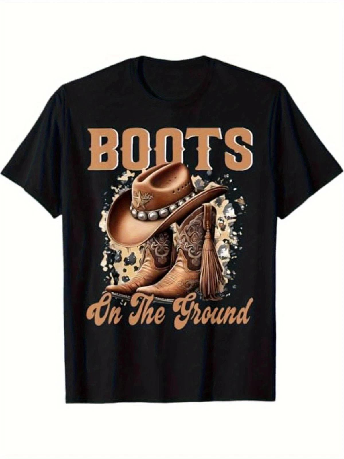 Western Cowboy Boots & Hat Graphic T-Shirt with  Boots On The Ground  Slogan 3XL