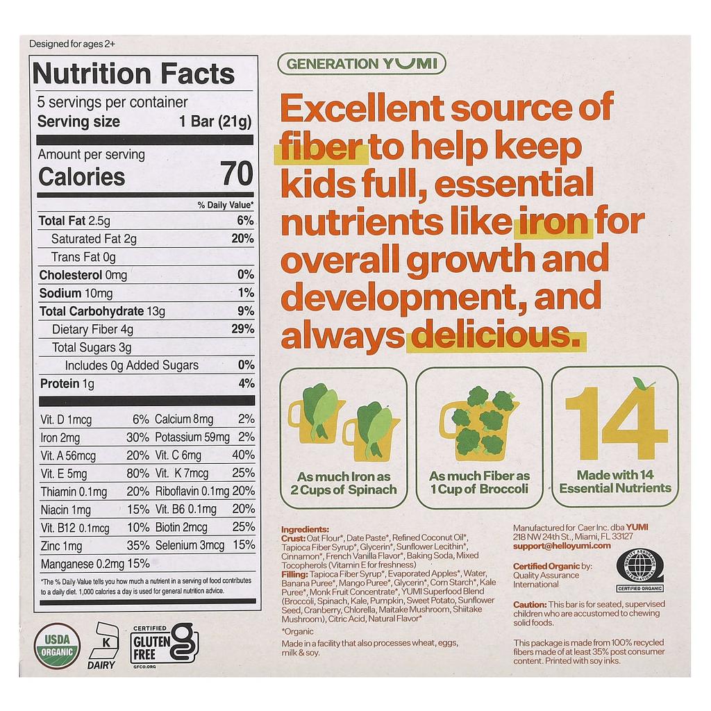Yumi, Organic Bar, Toddler, Mango & Kale, 5 bars, 21 g (0.74 oz) each