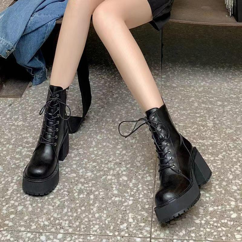 Round Head Thick Heel Lace-up Martin Boots Women's High Heel Waterproof Platform Platform Platform Short Boots Small Retro Soft Leather Boots Women
