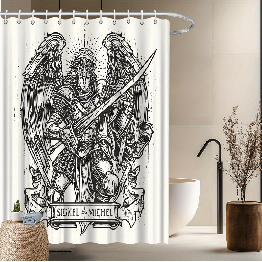 

1pc Gothic Medieval Knight Shower Curtain - Extra Long Bathroom Drapes with Archangel Warrior, Black and White Armor Design, M 90x180cm