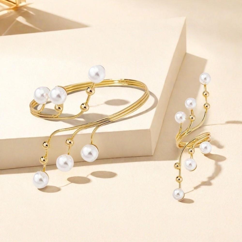 Imitation Pearl Open Arm Bangle Adjustable Armband Vintage Bracelet Ring Set Arm Accessories