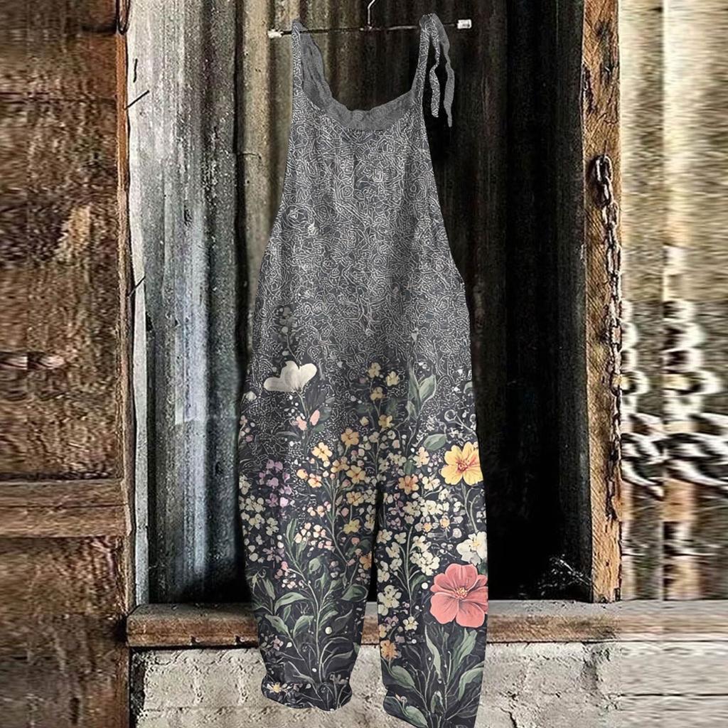 Women's Jumpsuit Floral Print Casual Loose Vintage Shoulder Strap Cotton Linen