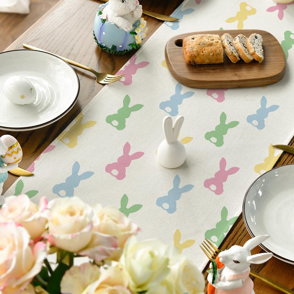 Artoid Mode Green Pink Bunny Rabbit Easter Table Runner, Spring Kitchen Dining Table Decoration for Home Party Decor 13x90 Inch