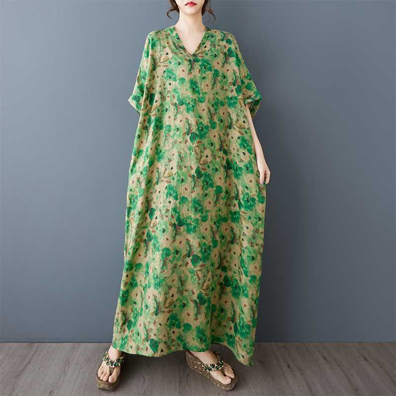Summer Color V-neck Retro Long Skirt Cotton Linen Dress