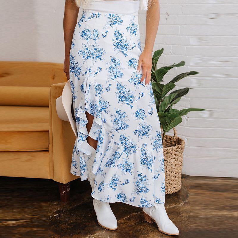 

American Shiying Summer New Arrival Florals Sheath Dress for Women 2025 Fashion Ruffles Side Slit Skirt Blue Size XL fit (70.00 kg-75.00 kg