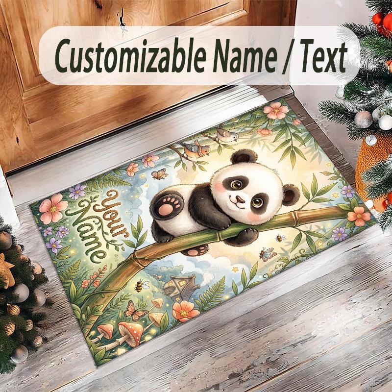 Panda Theme Crystal Velvet Rug Personalized Custom Name Text Soft Floor Mat Home Decor