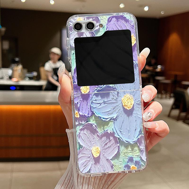 For Samsung Galaxy Z Flip 6 5 4 3 Case Luxury Oil Painting Flower Butterfly Hard Clear Folding Cover For Samsung Z Flip6 Flip5
