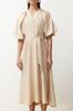 Women's Fashion Linen Look Woven Shirt Dress with Stone Belt and Half Balloon Sleeves
