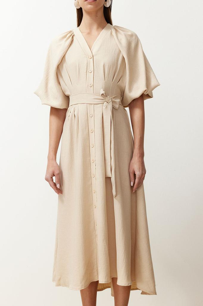 Women's Fashion Linen Look Woven Shirt Dress with Stone Belt and Half Balloon Sleeves