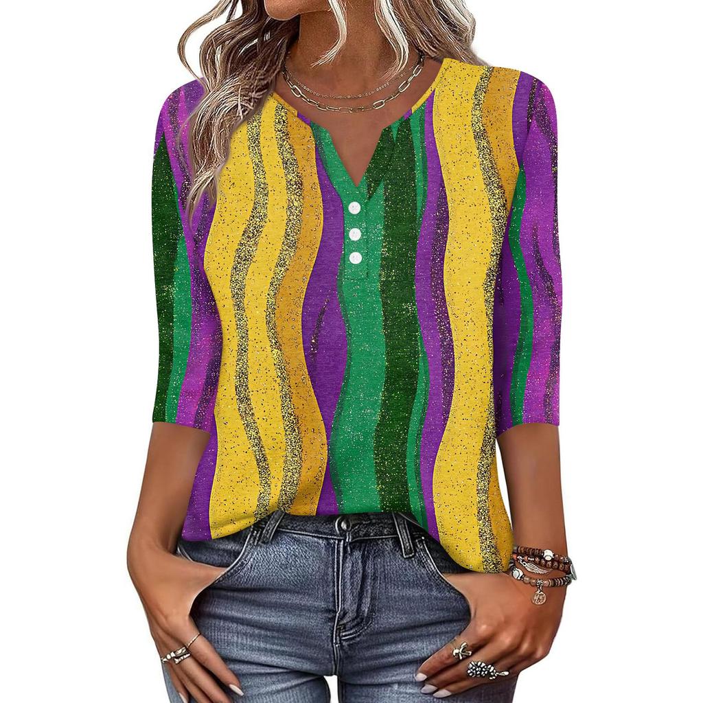 Women's T Shirt Print Button 3/4 Sleeve Daily Weekend Fashion Basic V- Neck Regular Top