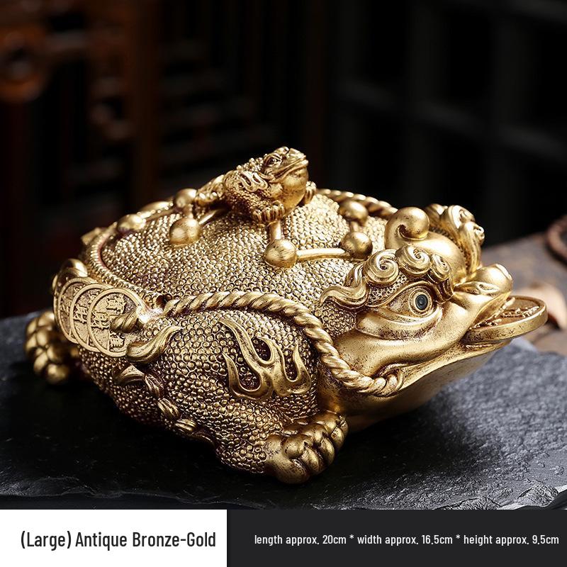 Golden Toad Resin Ashtray with Lid - Chinese Style Ornament for Home, Office, or Tea Table