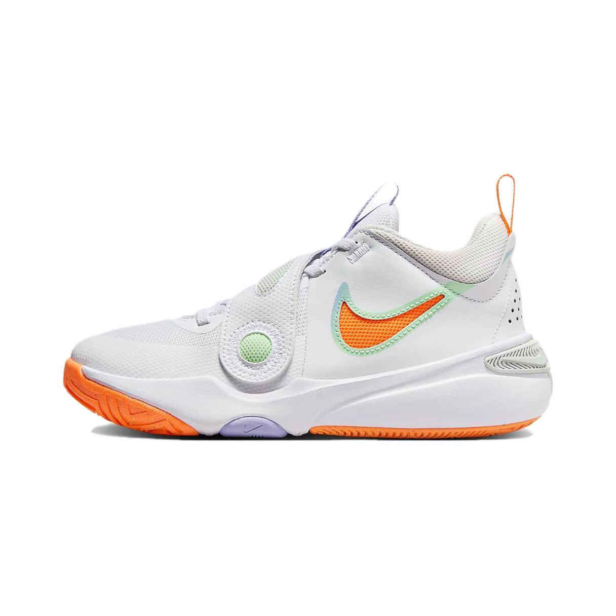 

Nike Team Hustle D11 PS White Total Orange Kids Sneakers Vapor-Green Purple-Pulse DV8994-103 29.5