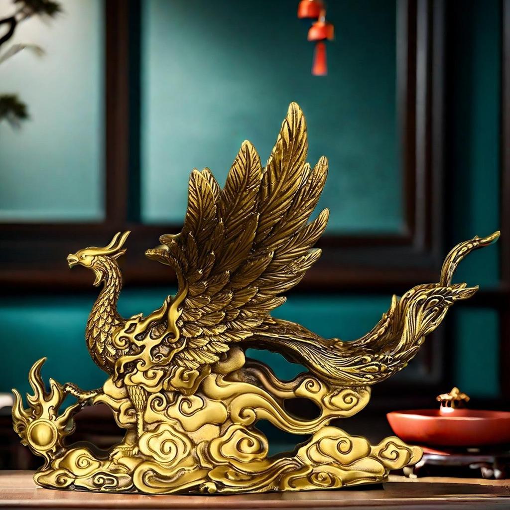 Antique Brass Vermilion Bird Ornament - Elegant Four Spirits Decor for Home or Office