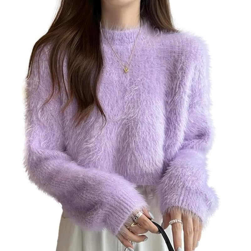 

[1/2plus] Nibun Noichi Plus sweater knit short height mohair fuzzy Fluffy Fluffy shaggy round round neck ladies (Purple.XL)
